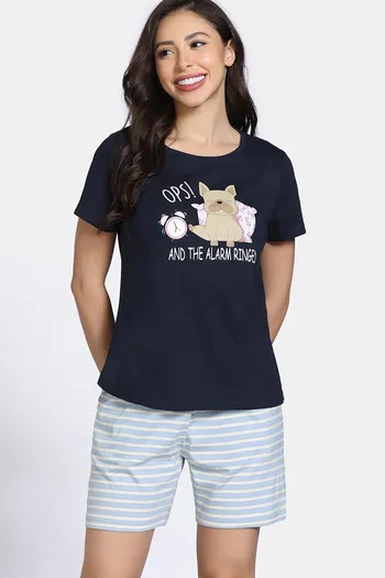 Buy Zivame Knit Cotton Short Set - Navy Peony